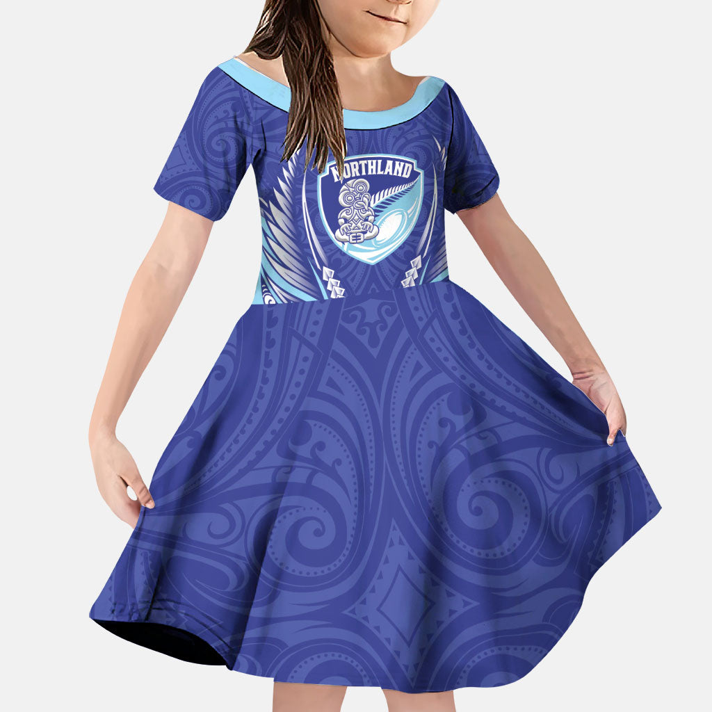 Northland 2026 Rugby Custom Family Matching Long Sleeve Bodycon Dress and Hawaiian Shirt NZ Maori Silver Fern LT14 Daughter's Dress Blue - Polynesian Pride