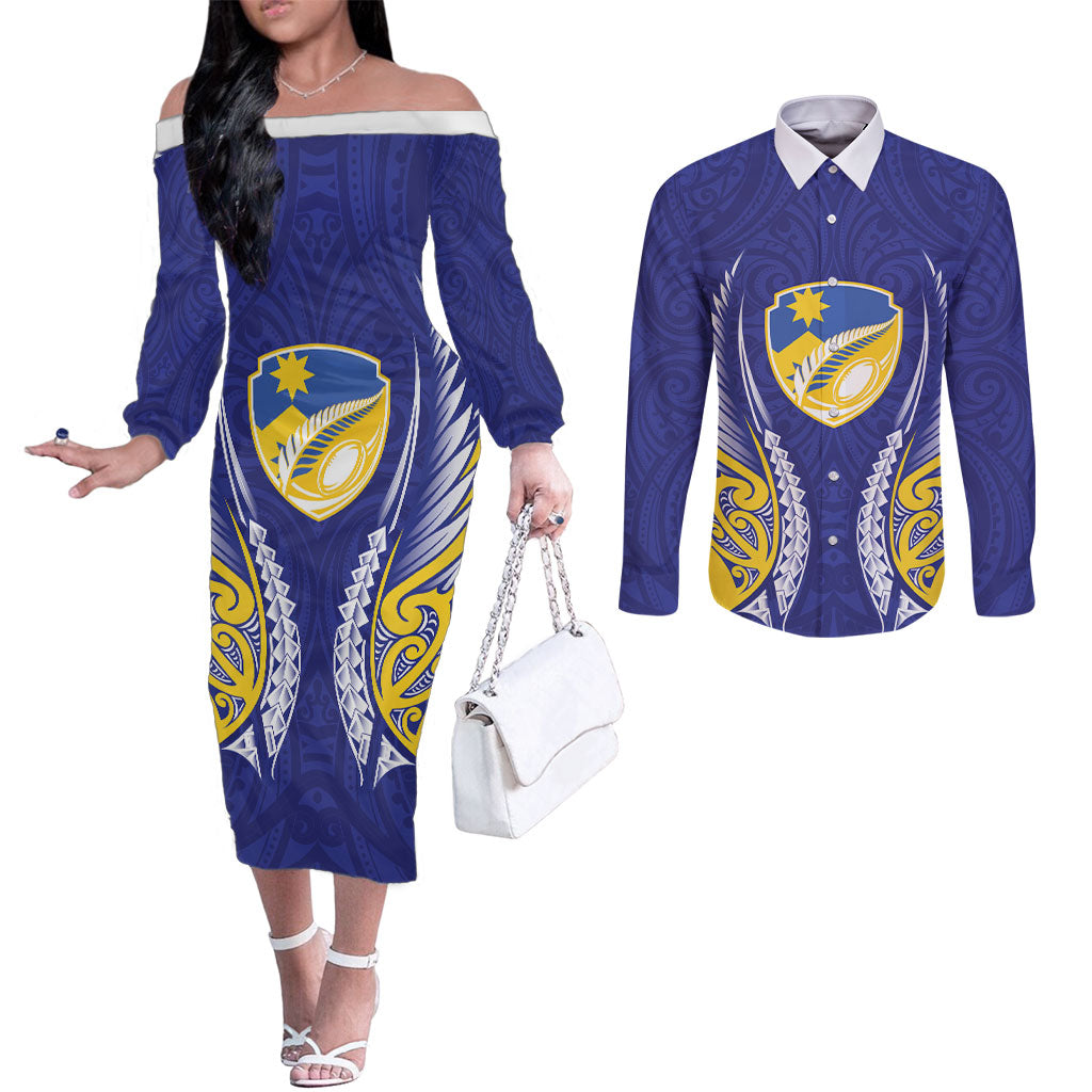 Otago 2026 Rugby Custom Couples Matching Off The Shoulder Long Sleeve Dress and Long Sleeve Button Shirt NZ Maori Silver Fern