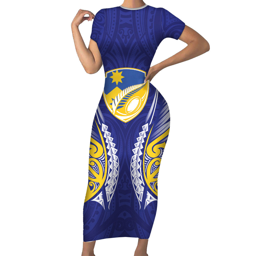 Otago 2026 Rugby Custom Family Matching Short Sleeve Bodycon Dress and Hawaiian Shirt NZ Maori Silver Fern LT14 Mom's Dress Blue - Polynesian Pride