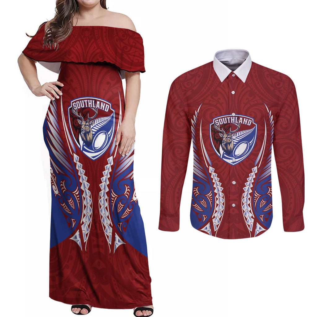 Southland 2026 Rugby Custom Couples Matching Off Shoulder Maxi Dress and Long Sleeve Button Shirt NZ Maori Silver Fern