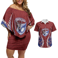 Southland 2026 Rugby Custom Couples Matching Off Shoulder Short Dress and Hawaiian Shirt NZ Maori Silver Fern LT14 Maroon - Polynesian Pride