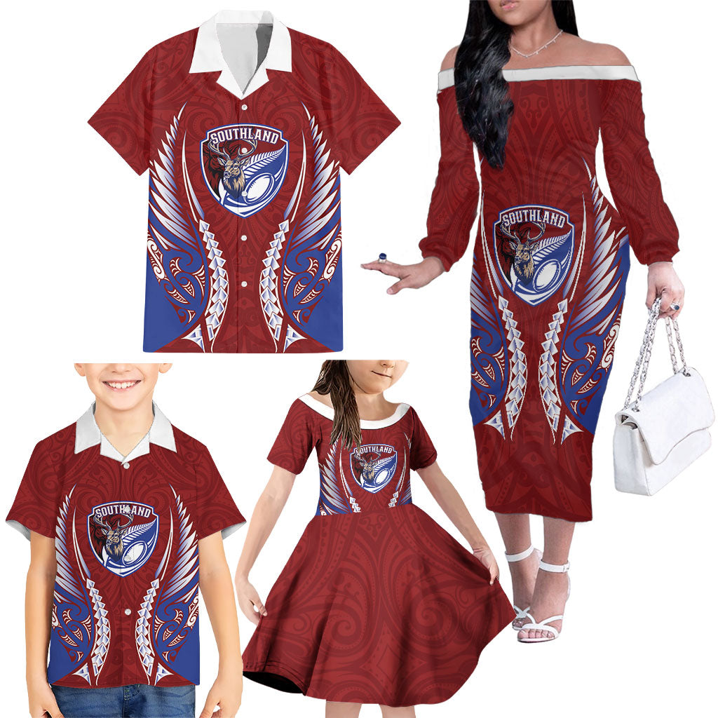 Southland 2026 Rugby Custom Family Matching Off The Shoulder Long Sleeve Dress and Hawaiian Shirt NZ Maori Silver Fern LT14 - Polynesian Pride