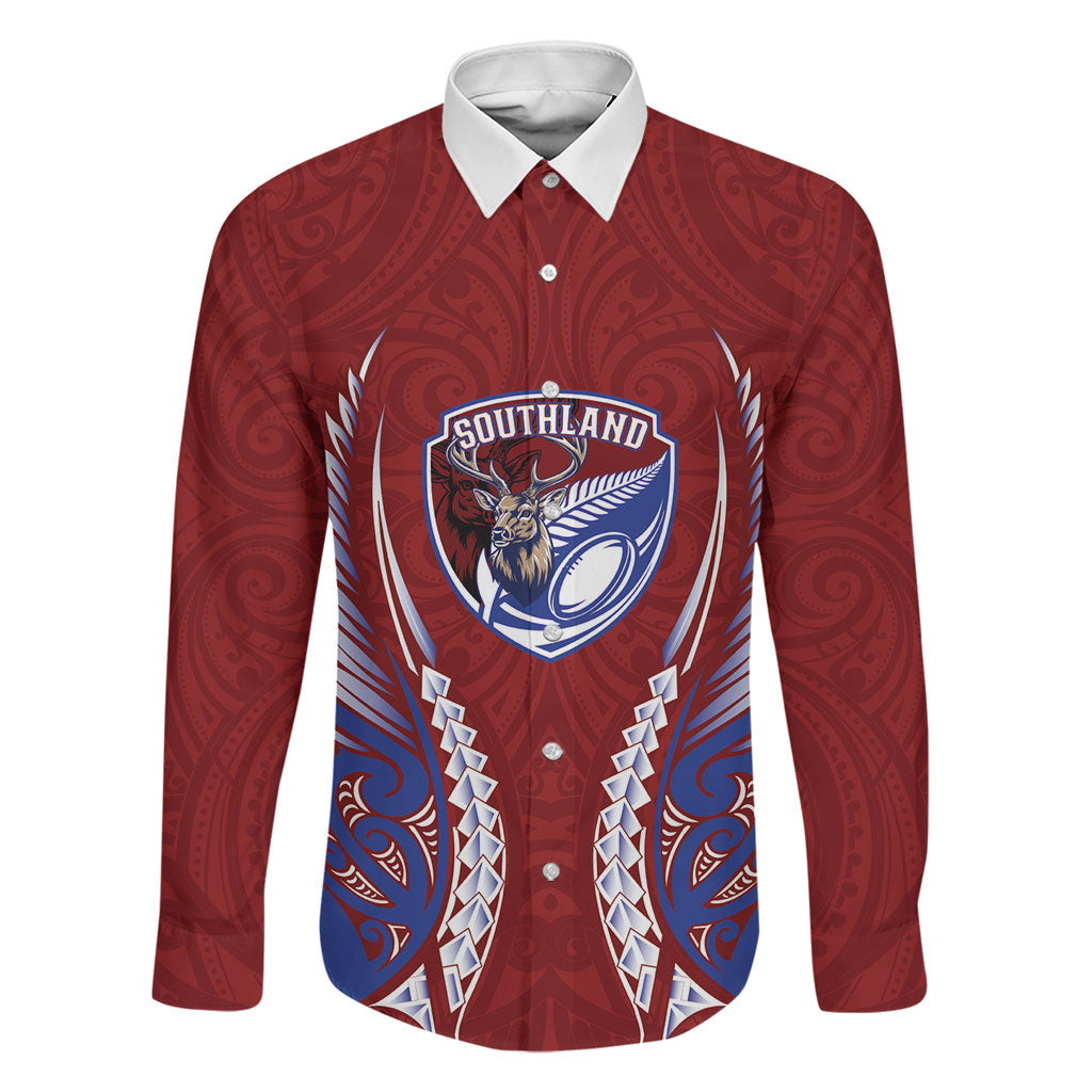Southland 2026 Rugby Custom Family Matching Off Shoulder Maxi Dress and Hawaiian Shirt NZ Maori Silver Fern LT14 Dad's Shirt - Long Sleeve Maroon - Polynesian Pride