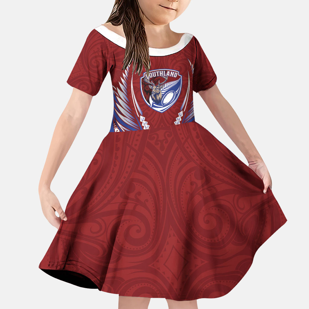 Southland 2026 Rugby Custom Family Matching Tank Maxi Dress and Hawaiian Shirt NZ Maori Silver Fern LT14 Daughter's Dress Maroon - Polynesian Pride