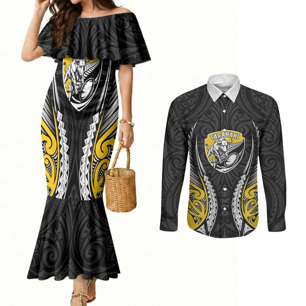 Taranaki 2026 Rugby Custom Couples Matching Mermaid Dress and Long Sleeve Button Shirt NZ Maori Silver Fern LT14 Black - Polynesian Pride