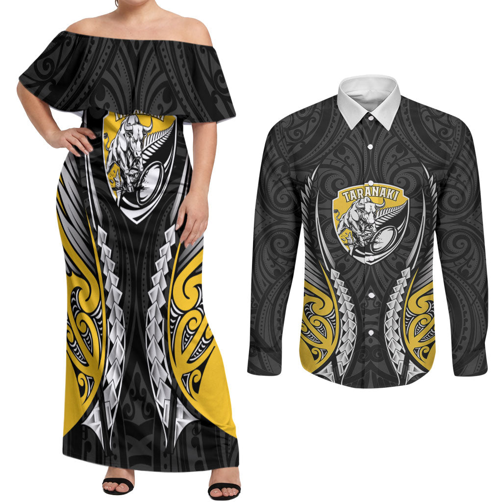 Taranaki 2026 Rugby Custom Couples Matching Off Shoulder Maxi Dress and Long Sleeve Button Shirt NZ Maori Silver Fern LT14 Black - Polynesian Pride