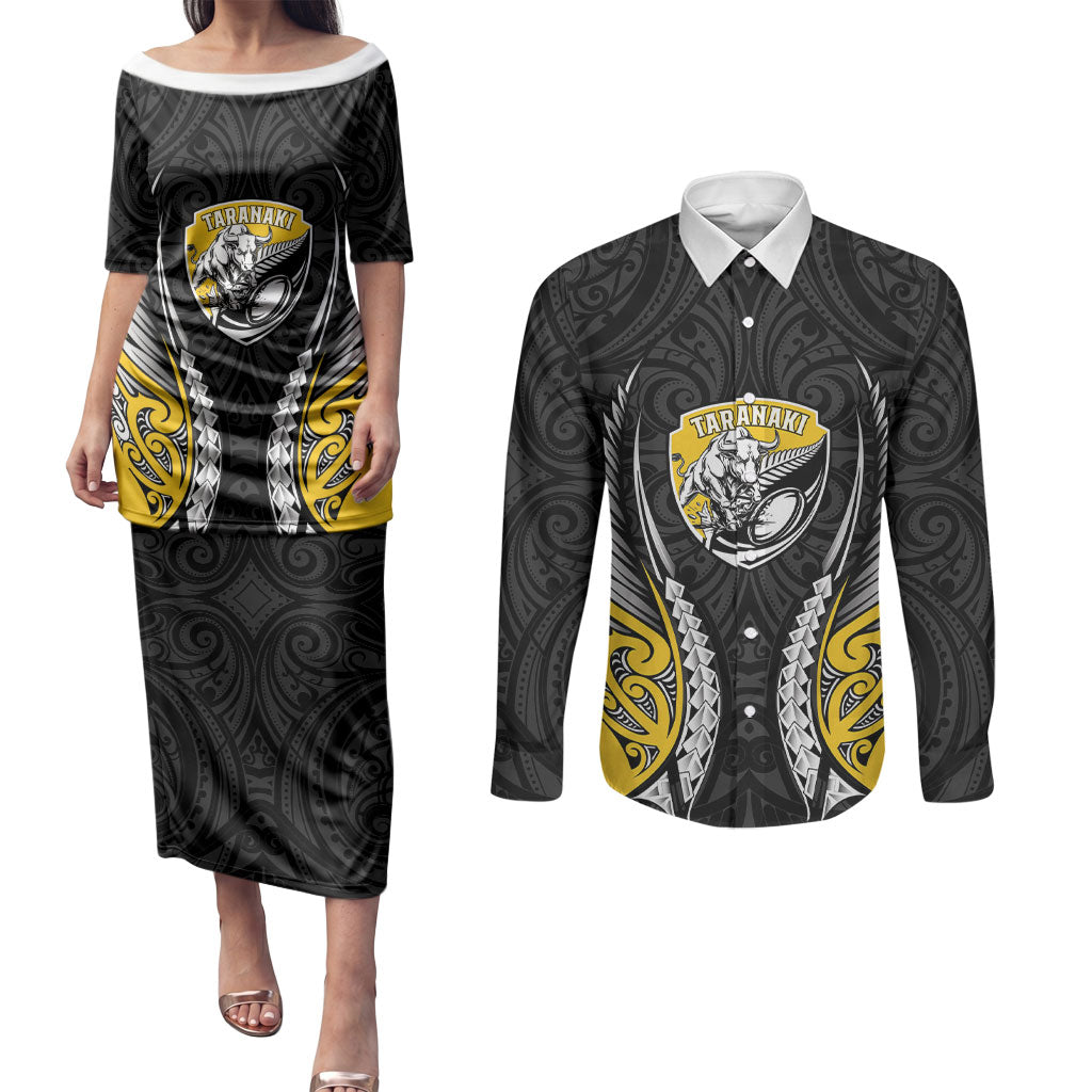 Taranaki 2026 Rugby Custom Couples Matching Puletasi and Long Sleeve Button Shirt NZ Maori Silver Fern LT14 Black - Polynesian Pride
