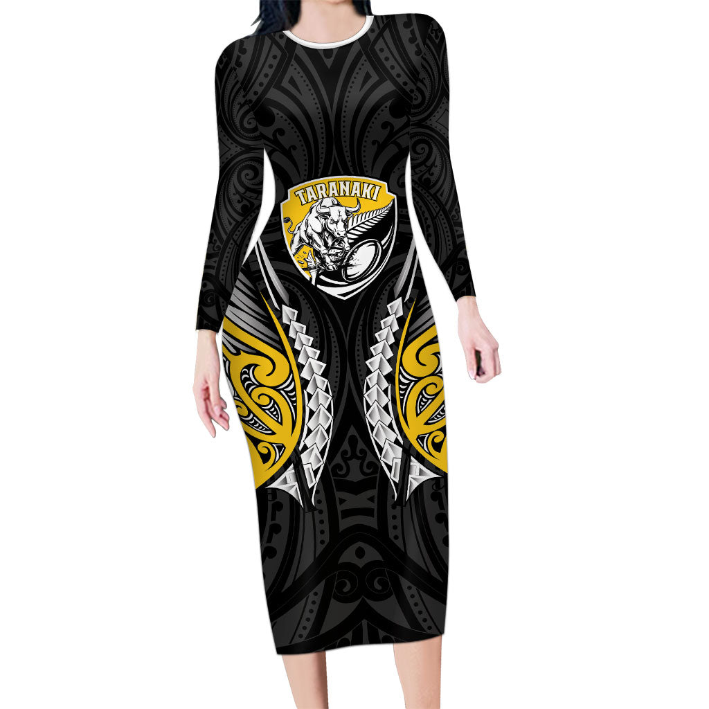 Taranaki 2026 Rugby Custom Family Matching Long Sleeve Bodycon Dress and Hawaiian Shirt NZ Maori Silver Fern LT14 Mom's Dress Black - Polynesian Pride