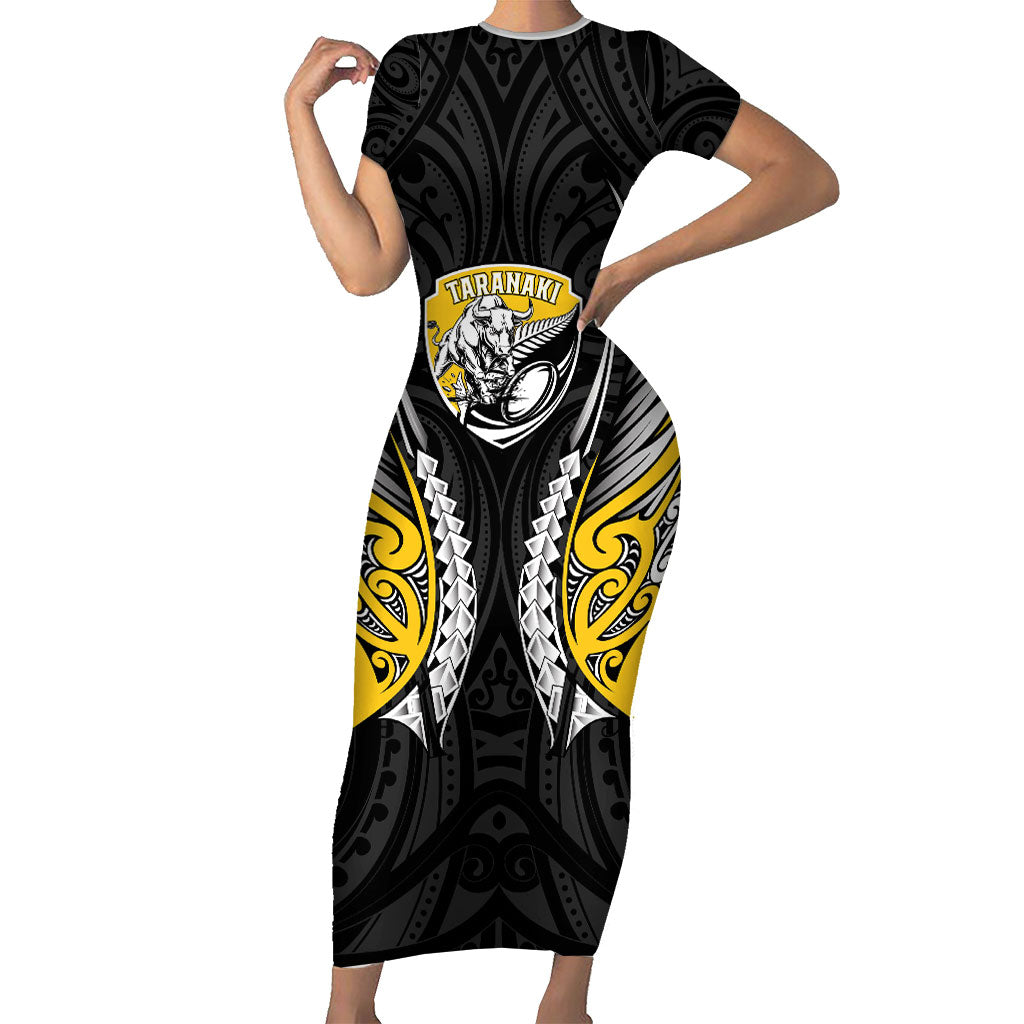 Taranaki 2026 Rugby Custom Family Matching Short Sleeve Bodycon Dress and Hawaiian Shirt NZ Maori Silver Fern LT14 Mom's Dress Black - Polynesian Pride