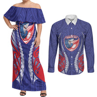 Tasman Bay 2026 Rugby Custom Couples Matching Off Shoulder Maxi Dress and Long Sleeve Button Shirt NZ Maori Silver Fern LT14 Blue - Polynesian Pride