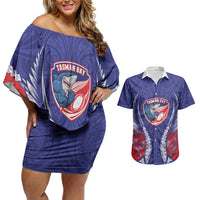 Tasman Bay 2026 Rugby Custom Couples Matching Off Shoulder Short Dress and Hawaiian Shirt NZ Maori Silver Fern LT14 Blue - Polynesian Pride