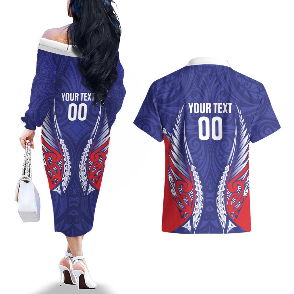 Tasman Bay 2026 Rugby Custom Couples Matching Off The Shoulder Long Sleeve Dress and Hawaiian Shirt NZ Maori Silver Fern