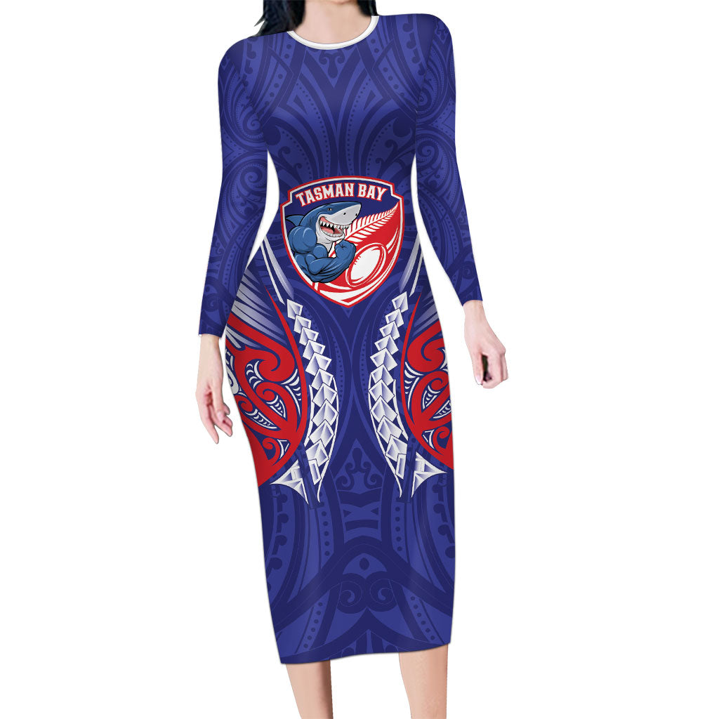 Tasman Bay 2026 Rugby Custom Family Matching Long Sleeve Bodycon Dress and Hawaiian Shirt NZ Maori Silver Fern LT14 Mom's Dress Blue - Polynesian Pride