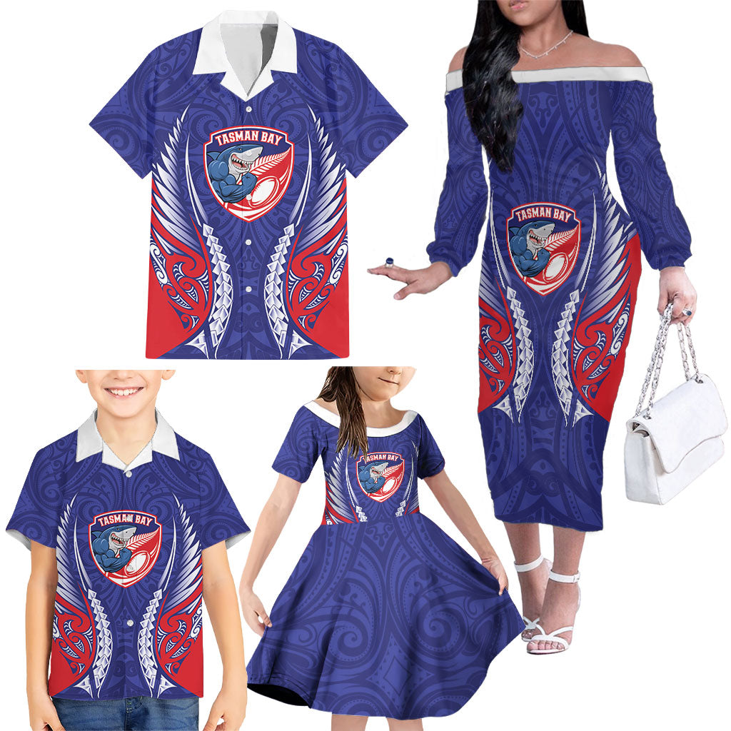 Tasman Bay 2026 Rugby Custom Family Matching Off The Shoulder Long Sleeve Dress and Hawaiian Shirt NZ Maori Silver Fern