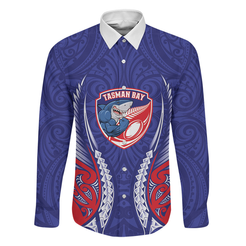 Tasman Bay 2026 Rugby Custom Family Matching Off Shoulder Maxi Dress and Hawaiian Shirt NZ Maori Silver Fern LT14 Dad's Shirt - Long Sleeve Blue - Polynesian Pride