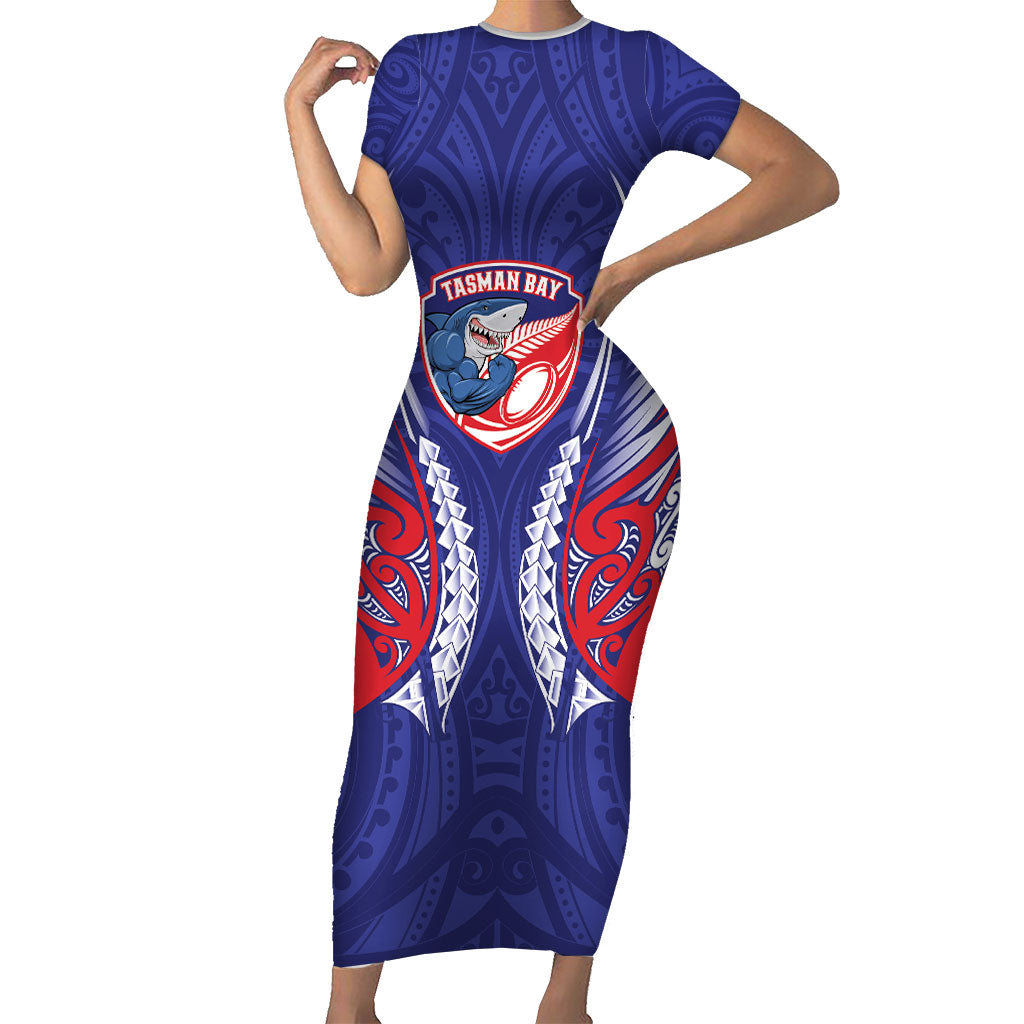 Tasman Bay 2026 Rugby Custom Family Matching Short Sleeve Bodycon Dress and Hawaiian Shirt NZ Maori Silver Fern LT14 Mom's Dress Blue - Polynesian Pride