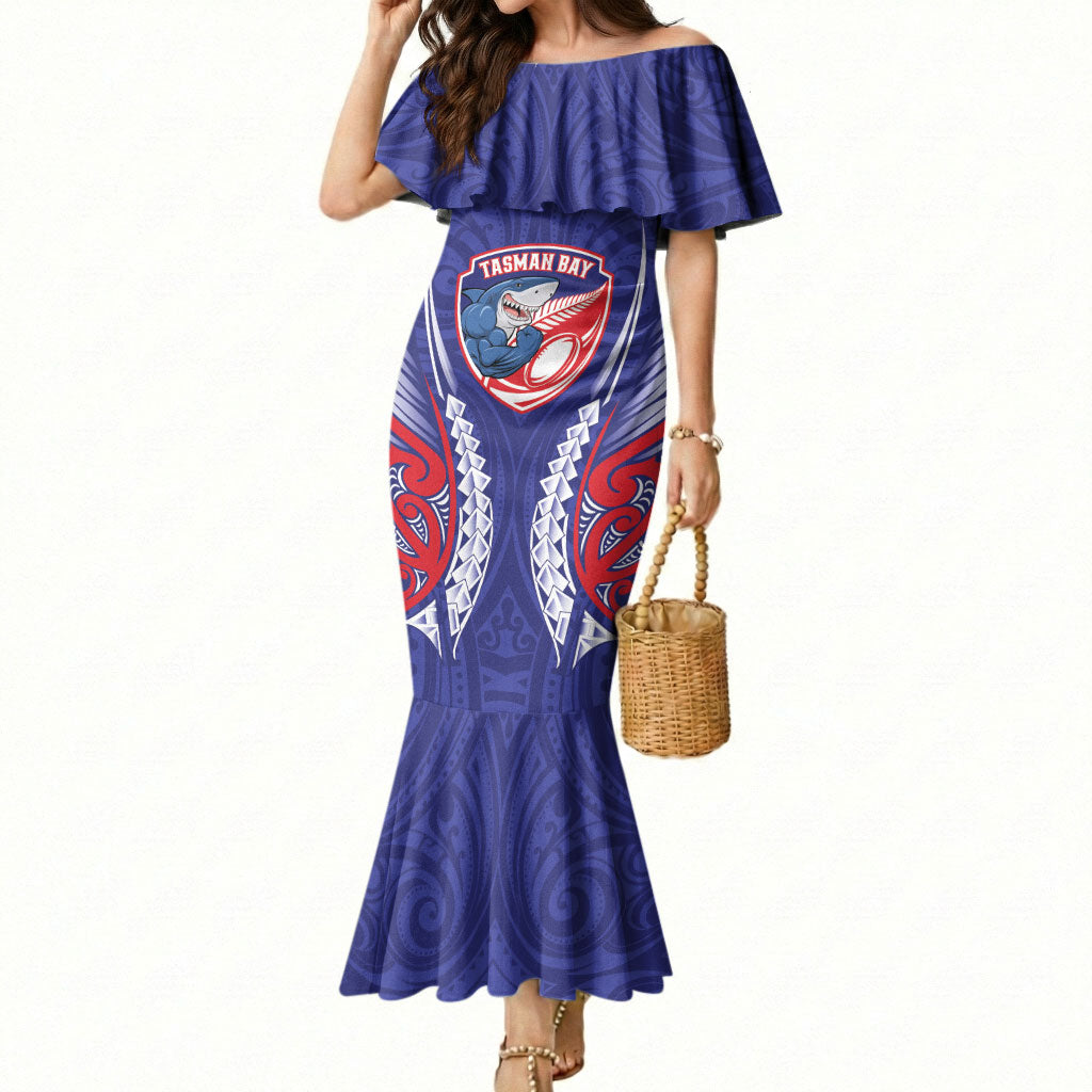 Tasman Bay 2026 Rugby Custom Mermaid Dress NZ Maori Silver Fern LT14 Women Blue - Polynesian Pride
