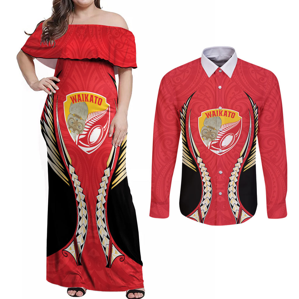 Waikato 2026 Rugby Custom Couples Matching Off Shoulder Maxi Dress and Long Sleeve Button Shirt NZ Maori Silver Fern