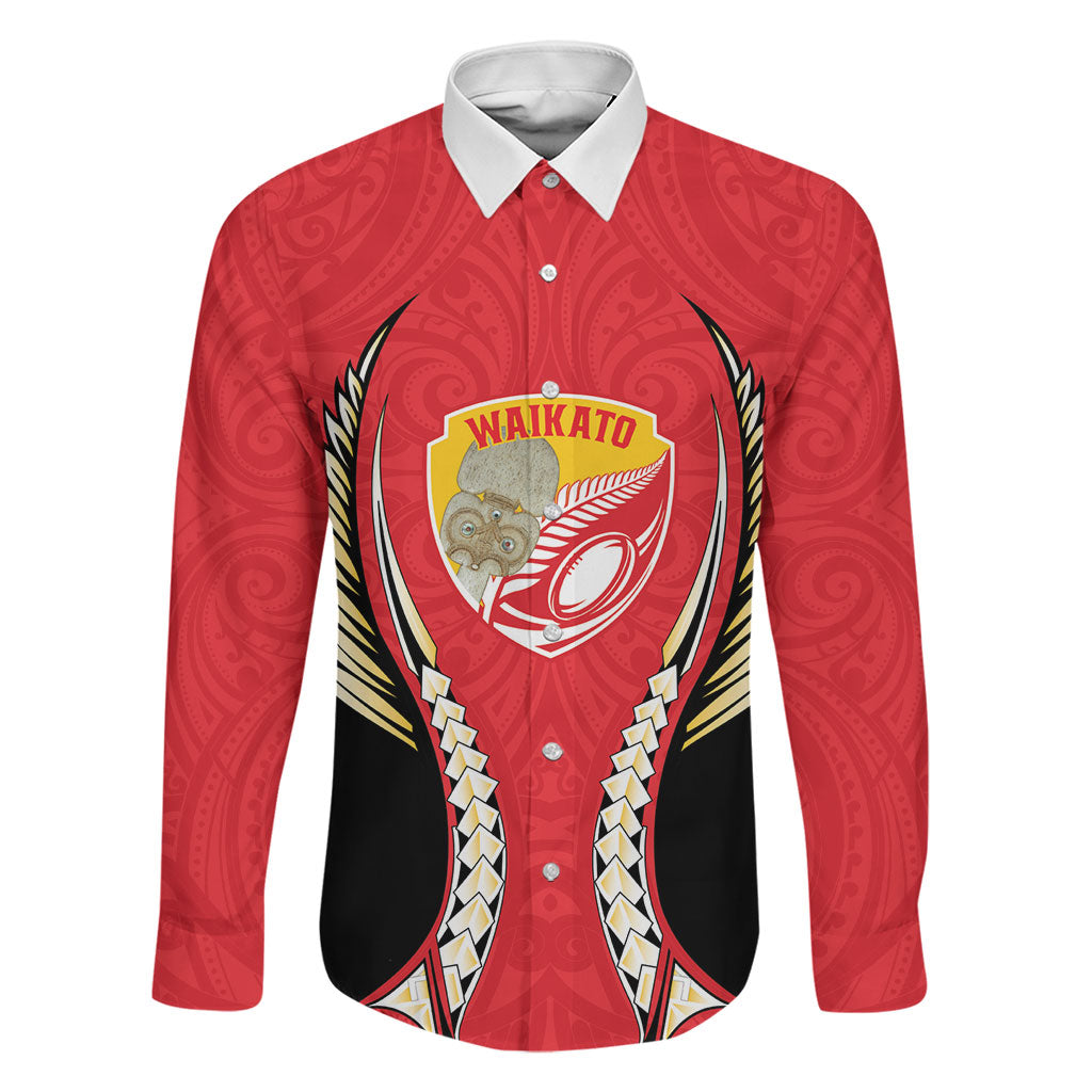 Waikato 2026 Rugby Custom Family Matching Off Shoulder Maxi Dress and Hawaiian Shirt NZ Maori Silver Fern LT14 Dad's Shirt - Long Sleeve Red - Polynesian Pride
