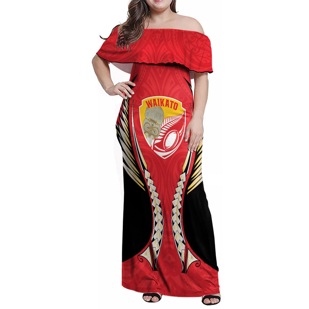 Waikato 2026 Rugby Custom Family Matching Off Shoulder Maxi Dress and Hawaiian Shirt NZ Maori Silver Fern LT14 Mom's Dress Red - Polynesian Pride