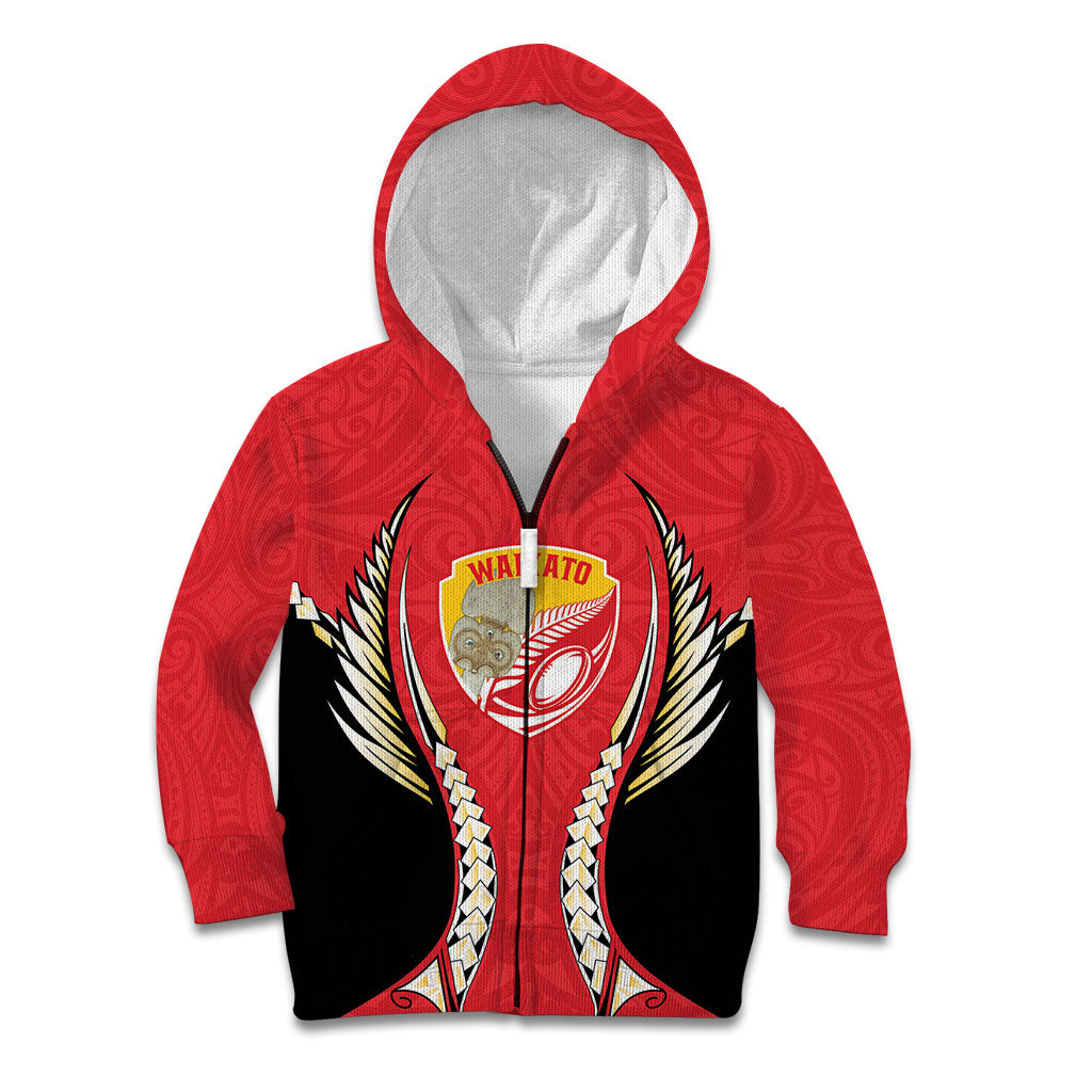 Waikato 2026 Rugby Custom Kid Hoodie NZ Maori Silver Fern LT14 Zip Hoodie Red - Polynesian Pride