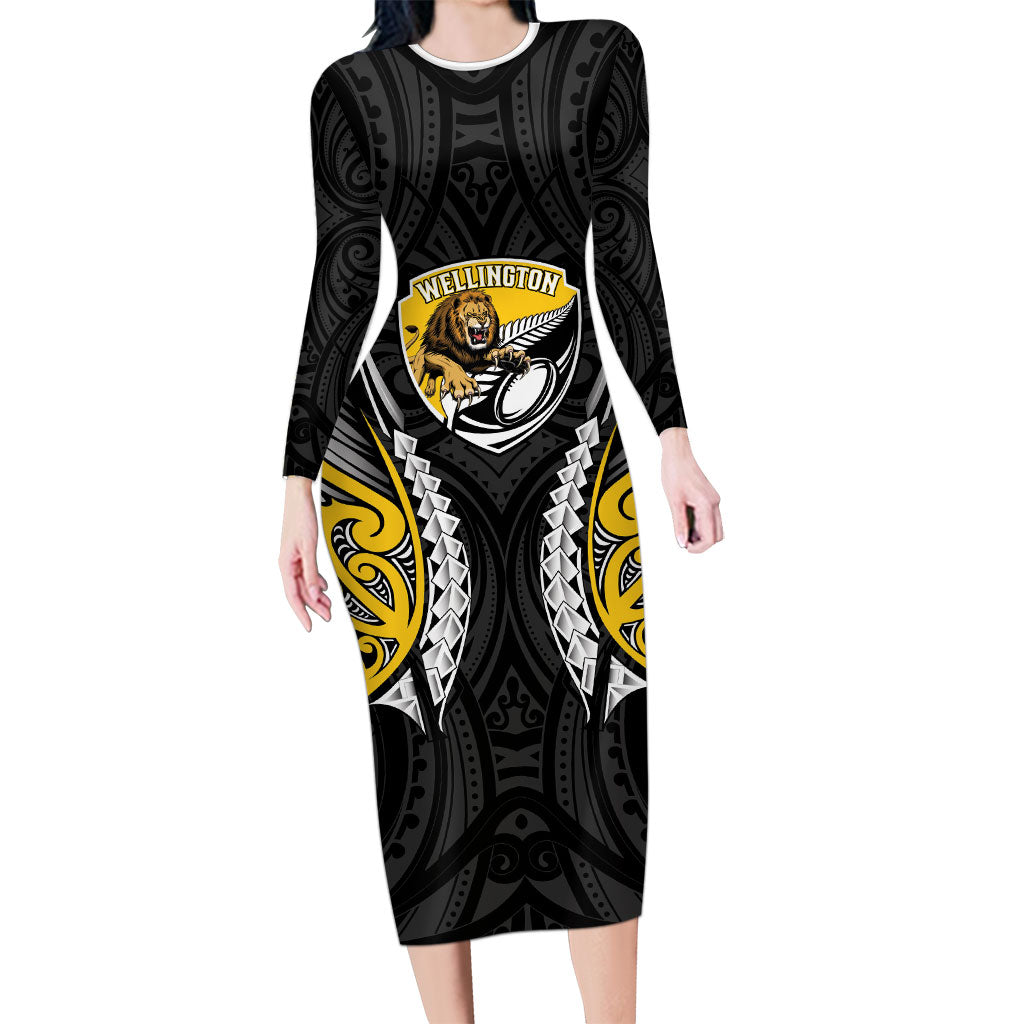Wellington 2026 Rugby Custom Family Matching Long Sleeve Bodycon Dress and Hawaiian Shirt NZ Maori Silver Fern LT14 Mom's Dress Black - Polynesian Pride