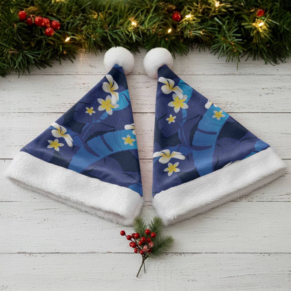 Teal Purple Banana Leaf Hawaii Christmas Santa Hat Lau Maia Plumeria Tropical Summer Vibes