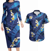 Teal Purple Banana Leaf Hawaii Couples Matching Long Sleeve Bodycon Dress and Hawaiian Shirt Lau Maia Plumeria Tropical Summer Vibes LT14 Teal Purple - Polynesian Pride