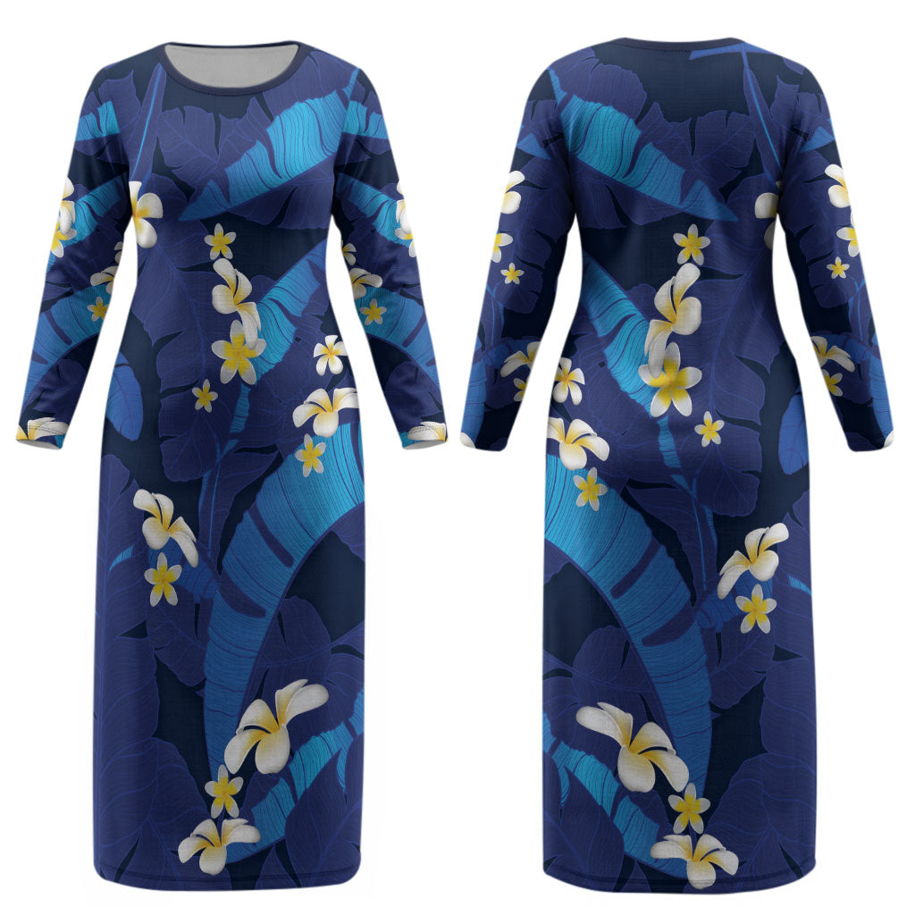 Teal Purple Banana Leaf Hawaii Couples Matching Long Sleeve Bodycon Dress and Hawaiian Shirt Lau Maia Plumeria Tropical Summer Vibes LT14 - Polynesian Pride
