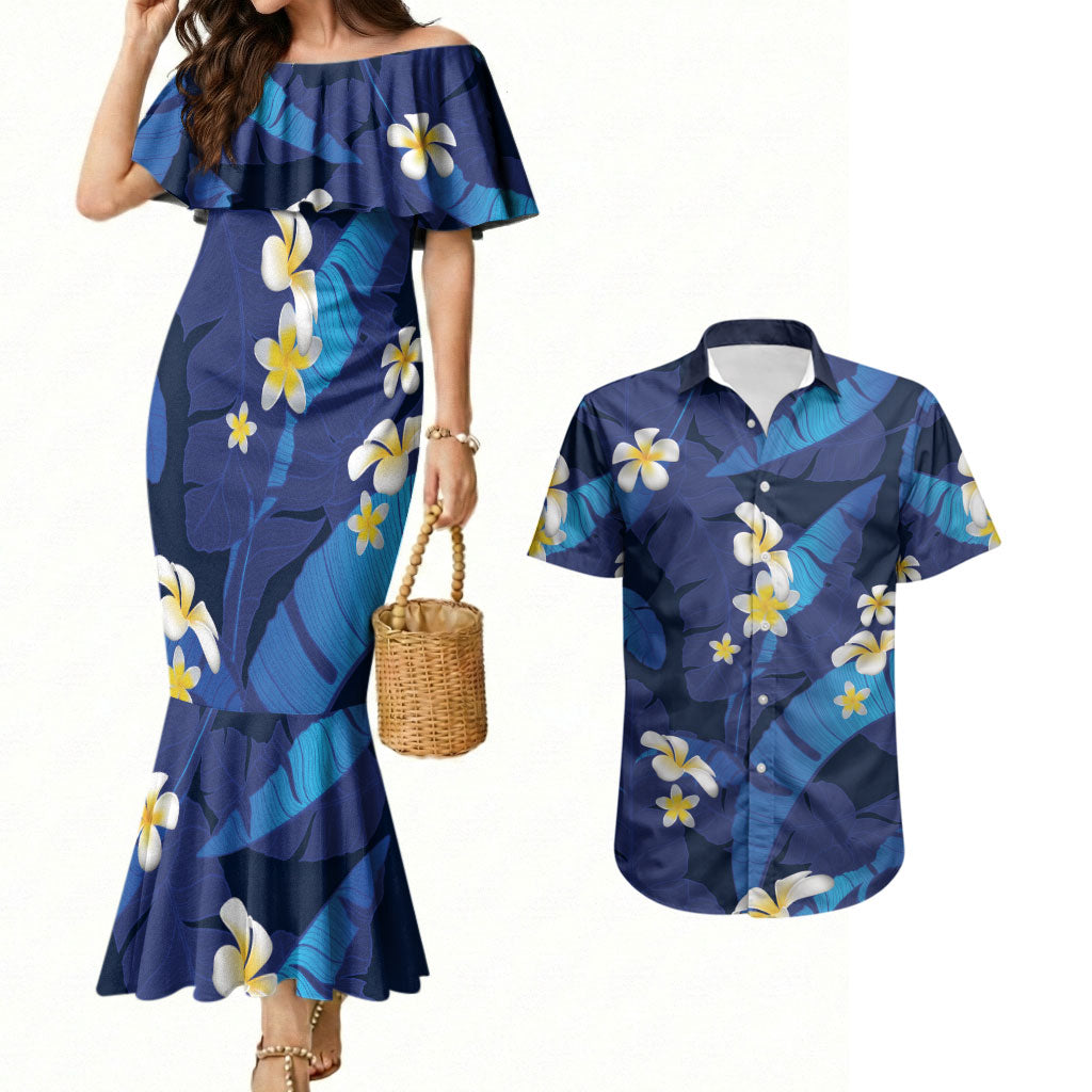 Teal Purple Banana Leaf Hawaii Couples Matching Mermaid Dress and Hawaiian Shirt Lau Maia Plumeria Tropical Summer Vibes LT14 Teal Purple - Polynesian Pride