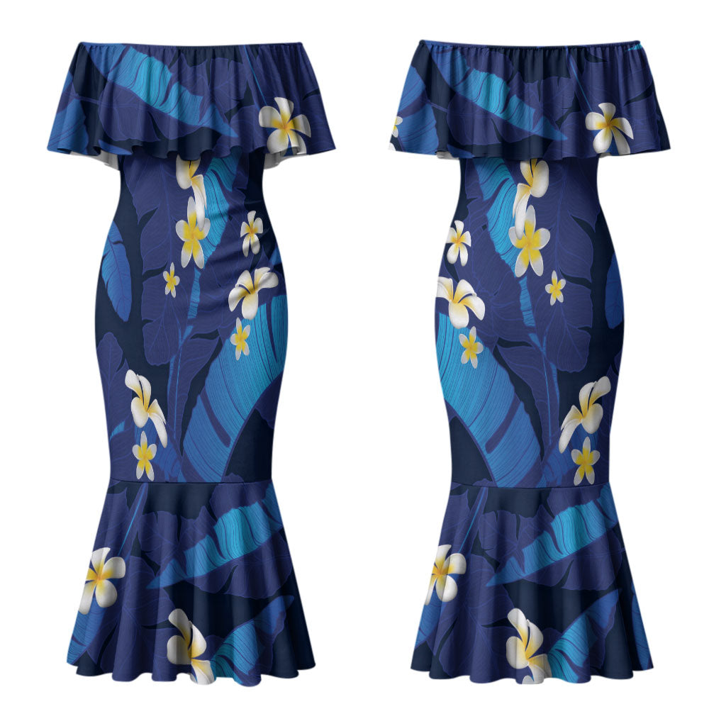 Teal Purple Banana Leaf Hawaii Couples Matching Mermaid Dress and Long Sleeve Button Shirt Lau Maia Plumeria Tropical Summer Vibes LT14 - Polynesian Pride