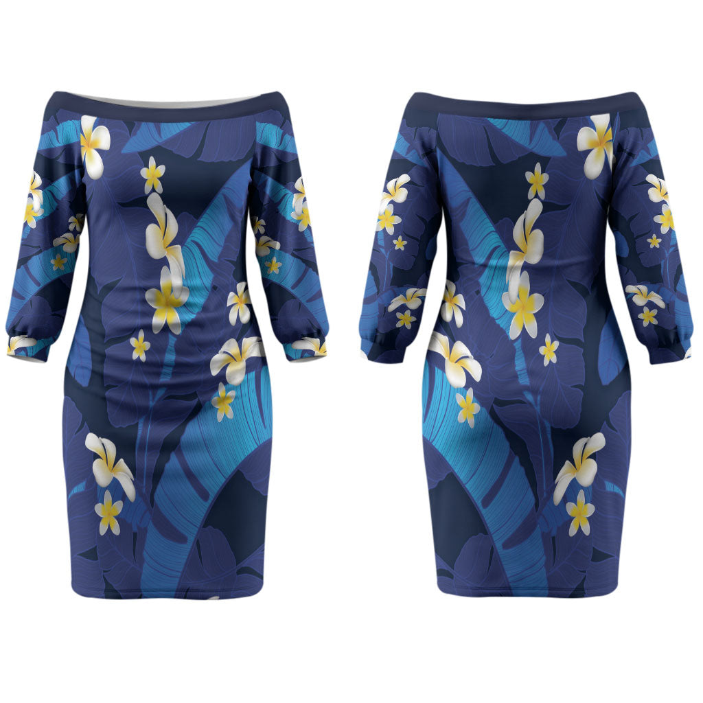 Teal Purple Banana Leaf Hawaii Couples Matching Off The Shoulder Long Sleeve Dress and Long Sleeve Button Shirt Lau Maia Plumeria Tropical Summer Vibes LT14 - Polynesian Pride
