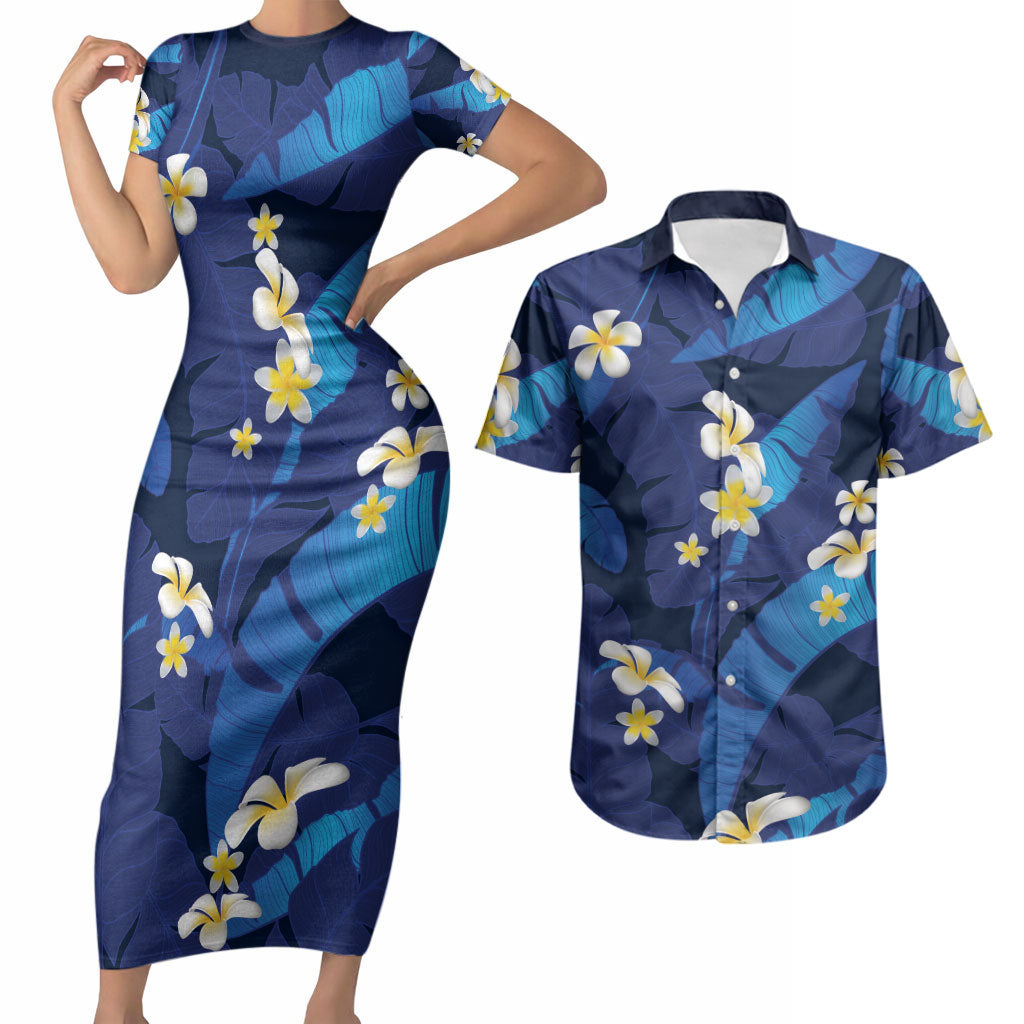 Teal Purple Banana Leaf Hawaii Couples Matching Short Sleeve Bodycon Dress and Hawaiian Shirt Lau Maia Plumeria Tropical Summer Vibes LT14 Teal Purple - Polynesian Pride