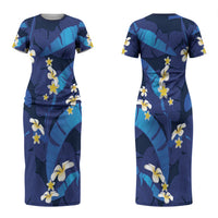 Teal Purple Banana Leaf Hawaii Couples Matching Short Sleeve Bodycon Dress and Hawaiian Shirt Lau Maia Plumeria Tropical Summer Vibes LT14 - Polynesian Pride