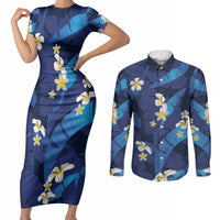Teal Purple Banana Leaf Hawaii Couples Matching Short Sleeve Bodycon Dress and Long Sleeve Button Shirt Lau Maia Plumeria Tropical Summer Vibes LT14 Teal Purple - Polynesian Pride