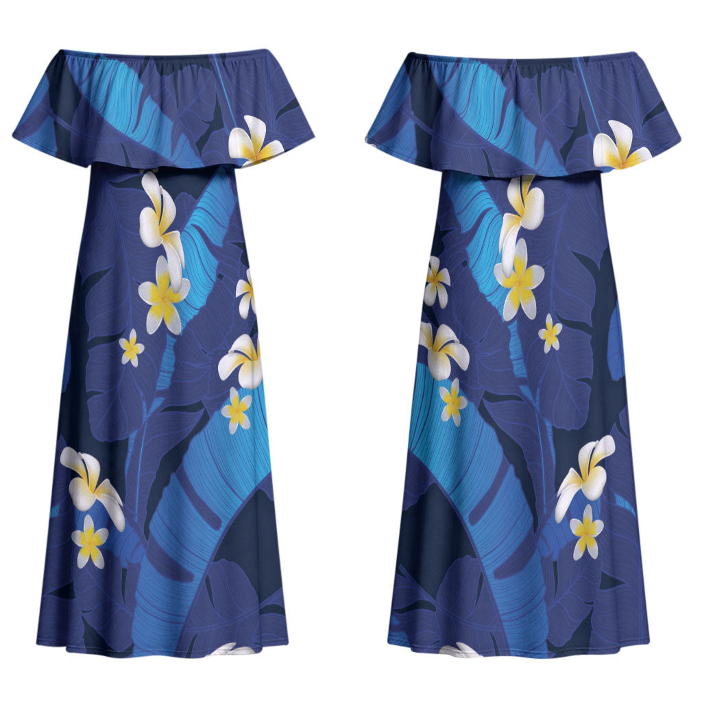 Teal Purple Banana Leaf Hawaii Family Matching Off Shoulder Maxi Dress and Hawaiian Shirt Lau Maia Plumeria Tropical Summer Vibes LT14 Mom's Dress Teal Purple - Polynesian Pride