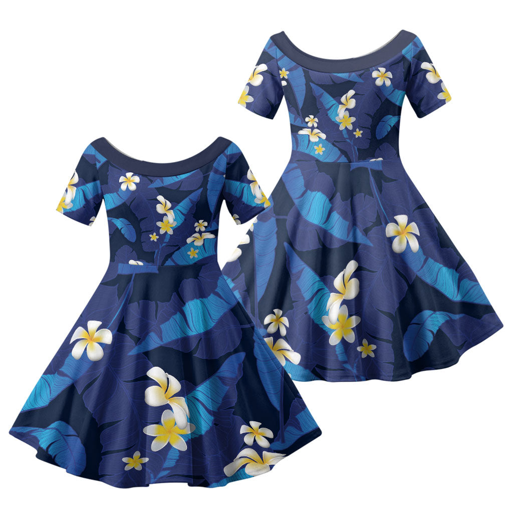 Teal Purple Banana Leaf Hawaii Family Matching Off Shoulder Maxi Dress and Hawaiian Shirt Lau Maia Plumeria Tropical Summer Vibes LT14 Daughter's Dress Teal Purple - Polynesian Pride
