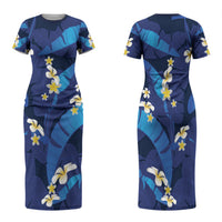 Teal Purple Banana Leaf Hawaii Family Matching Short Sleeve Bodycon Dress and Hawaiian Shirt Lau Maia Plumeria Tropical Summer Vibes LT14 Mom's Dress Teal Purple - Polynesian Pride