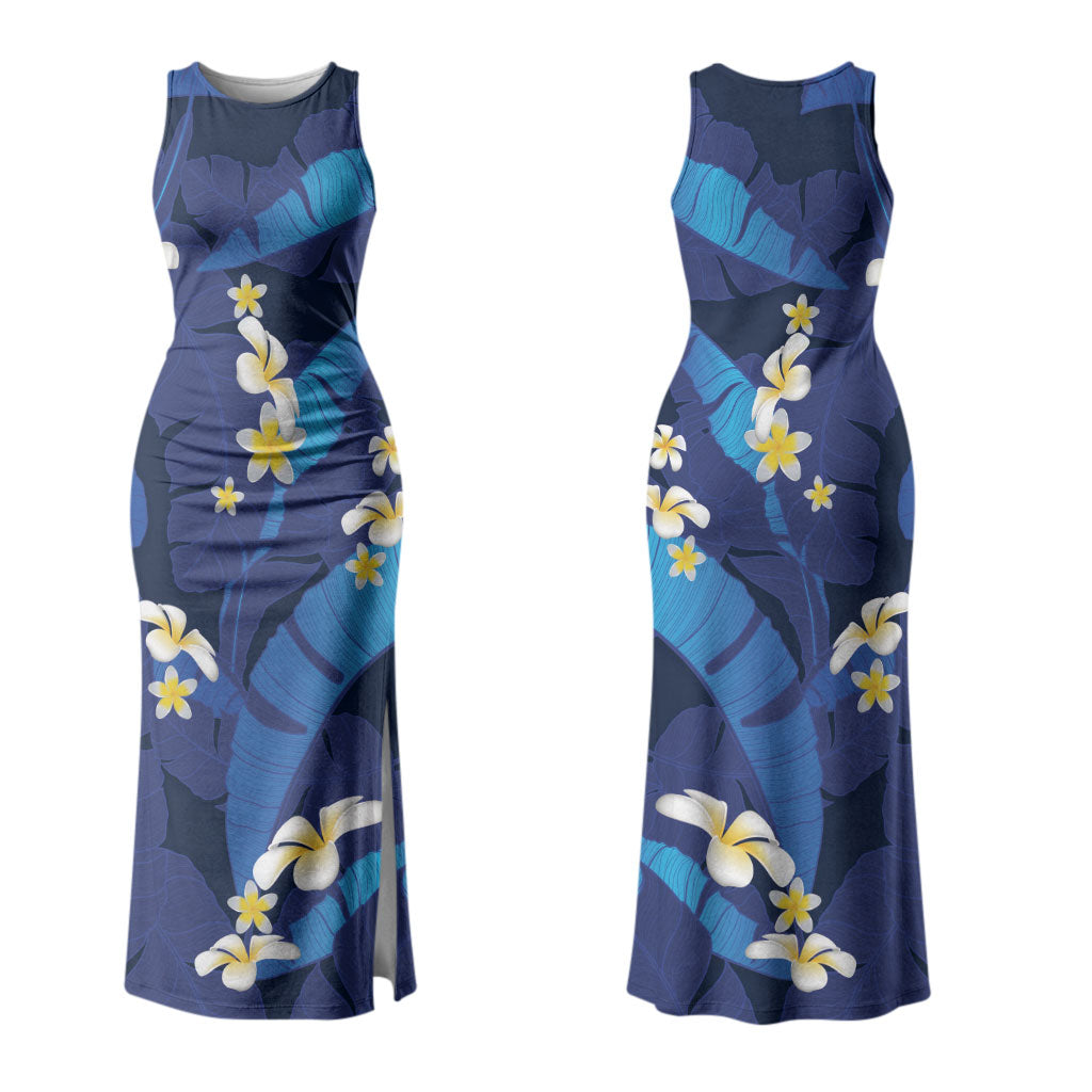 Teal Purple Banana Leaf Hawaii Family Matching Tank Maxi Dress and Hawaiian Shirt Lau Maia Plumeria Tropical Summer Vibes LT14 Mom's Dress Teal Purple - Polynesian Pride