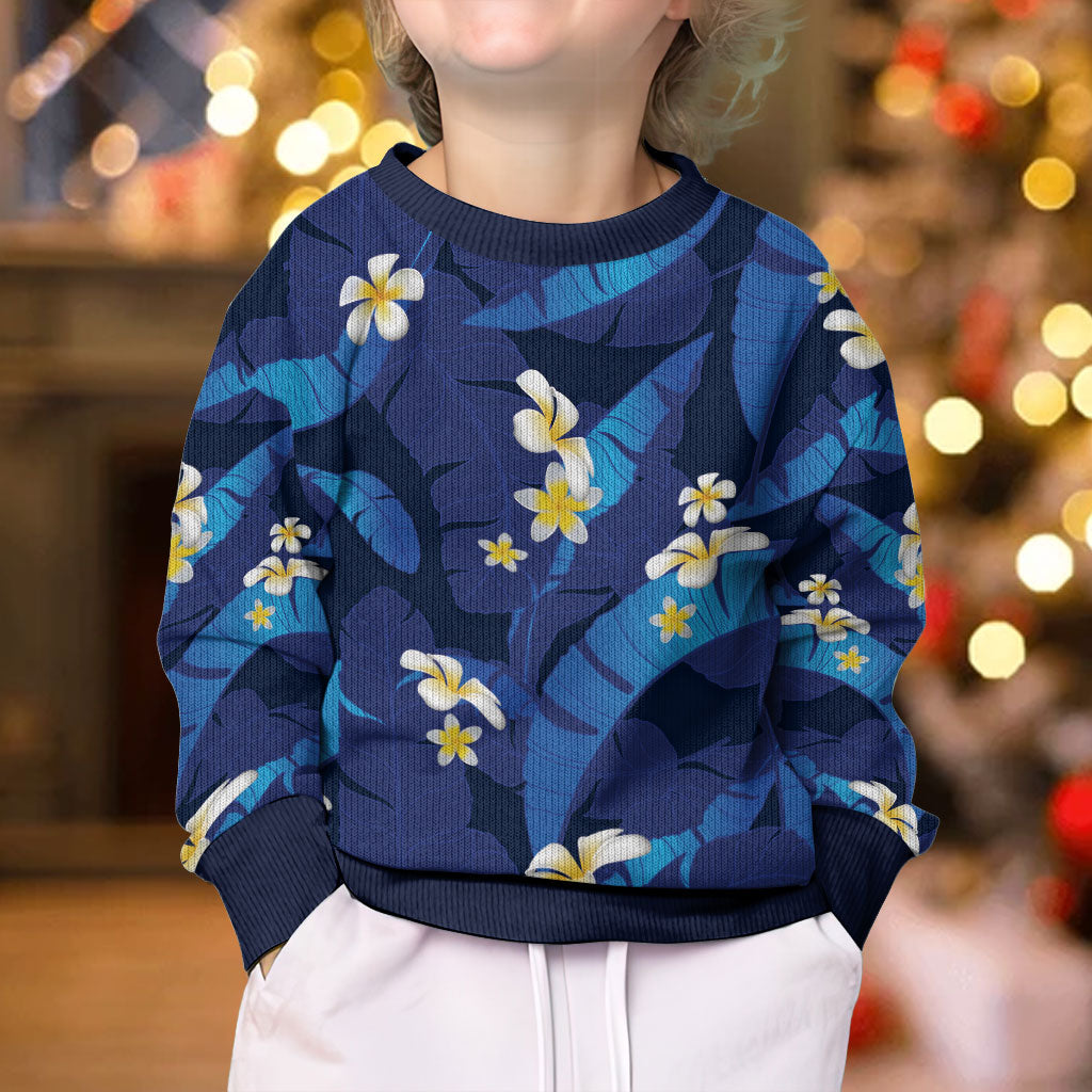 Teal Purple Banana Leaf Hawaii Kid Ugly Christmas Sweater Lau Maia Plumeria Tropical Summer Vibes