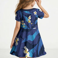 Teal Purple Banana Leaf Hawaii Kid Short Sleeve Dress Lau Maia Plumeria Tropical Summer Vibes