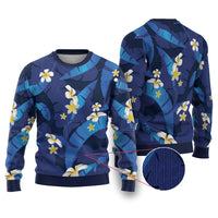 Teal Purple Banana Leaf Hawaii Ugly Christmas Sweater Lau Maia Plumeria Tropical Summer Vibes