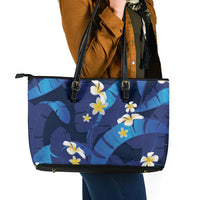 Teal Purple Banana Leaf Hawaii Leather Tote Bag Lau Maia Plumeria Tropical Summer Vibes LT14 - Polynesian Pride