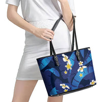 Teal Purple Banana Leaf Hawaii Leather Tote Bag Lau Maia Plumeria Tropical Summer Vibes LT14 - Polynesian Pride