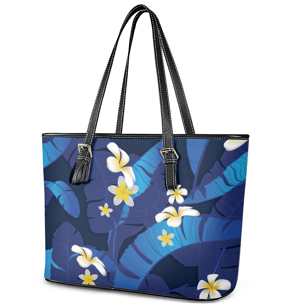 Teal Purple Banana Leaf Hawaii Leather Tote Bag Lau Maia Plumeria Tropical Summer Vibes LT14 - Polynesian Pride