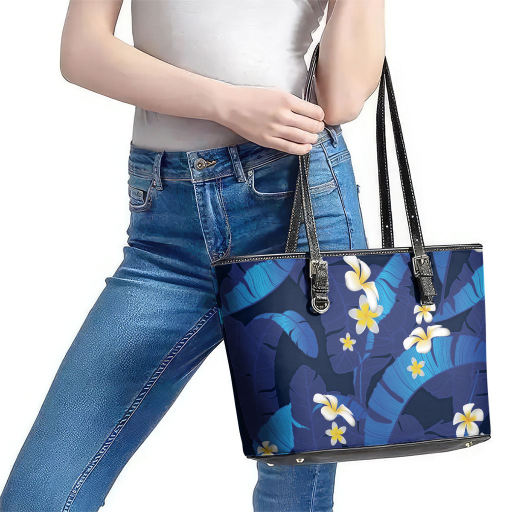Teal Purple Banana Leaf Hawaii Leather Tote Bag Lau Maia Plumeria Tropical Summer Vibes LT14 - Polynesian Pride