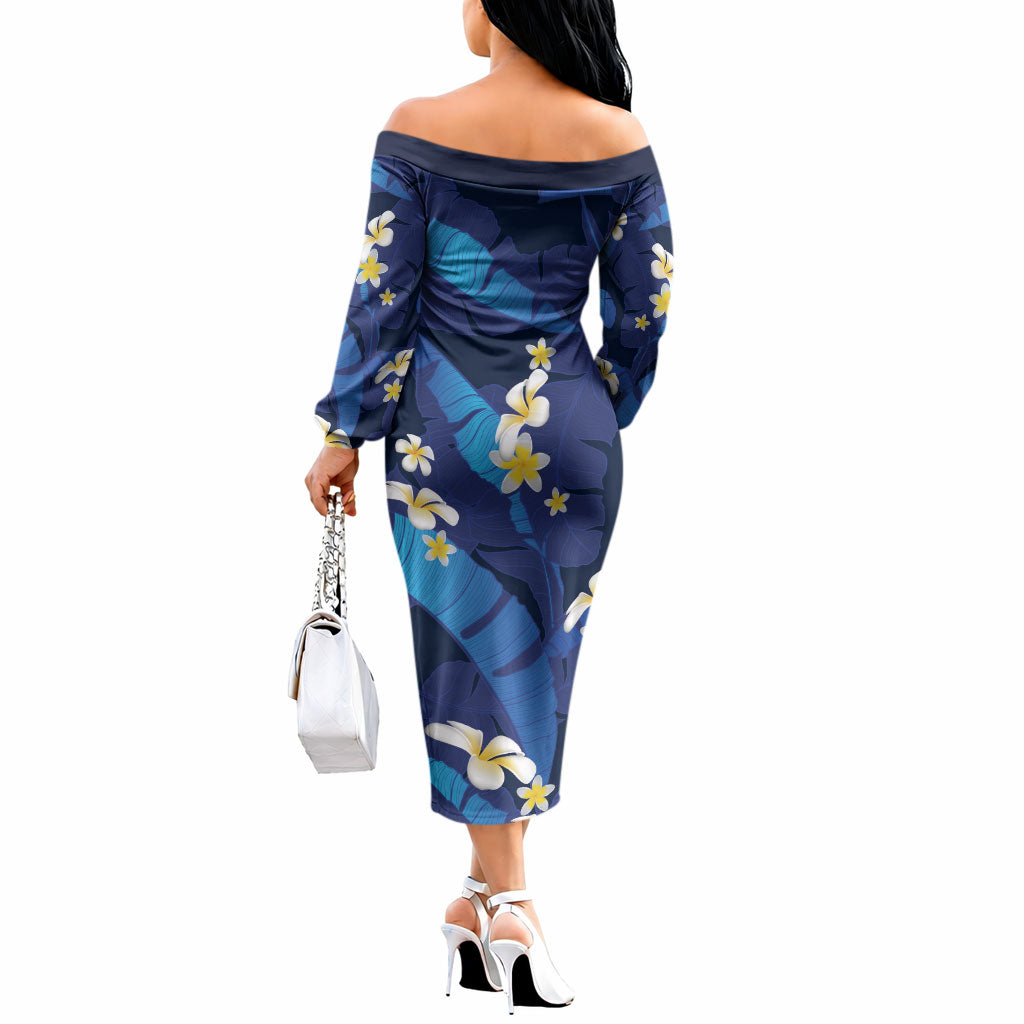 Teal Purple Banana Leaf Hawaii Off The Shoulder Long Sleeve Dress Lau Maia Plumeria Tropical Summer Vibes LT14 - Polynesian Pride