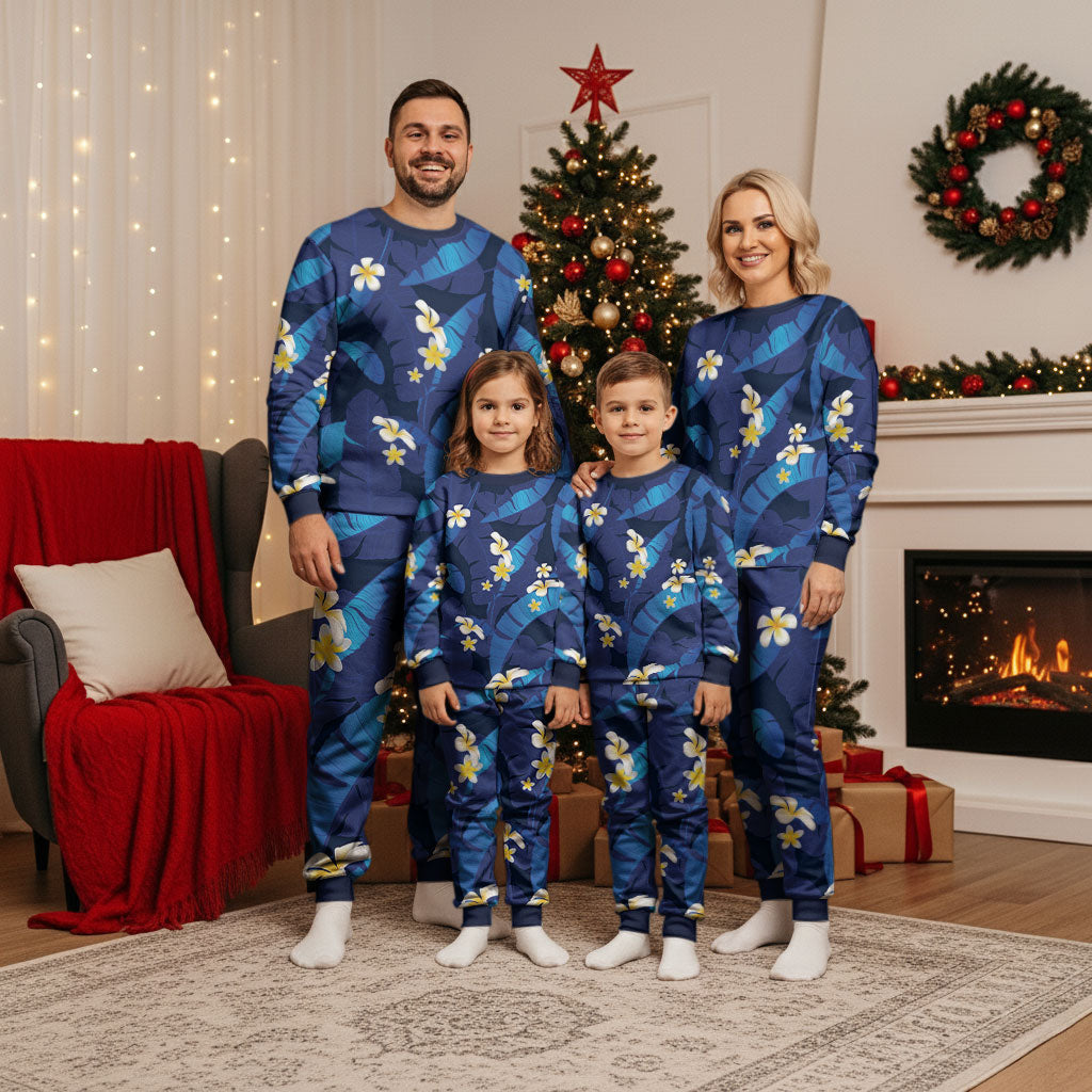 Teal Purple Banana Leaf Hawaii Christmas Pajama Set Lau Maia Plumeria Tropical Summer Vibes