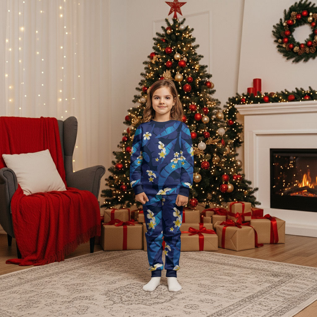 Teal Purple Banana Leaf Hawaii Christmas Pajama Set Lau Maia Plumeria Tropical Summer Vibes