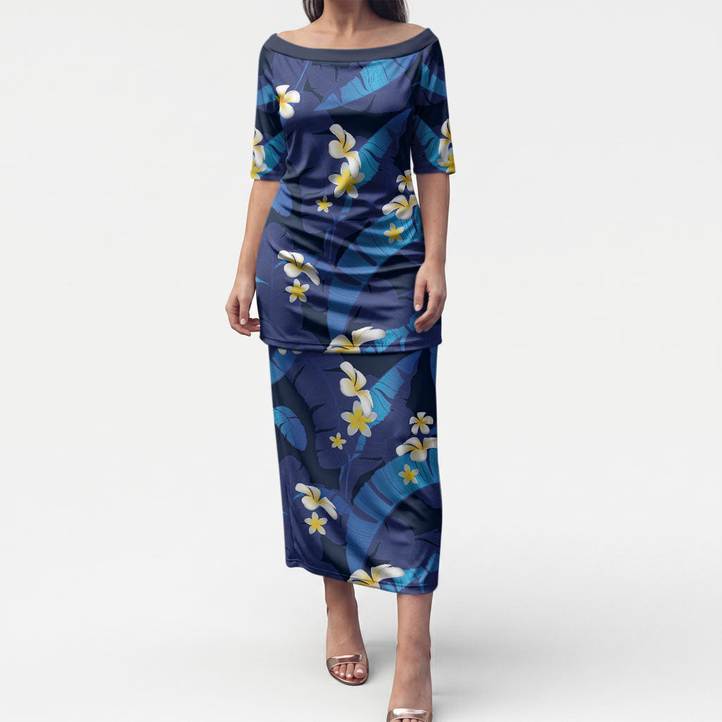 Teal Purple Banana Leaf Hawaii Puletasi Lau Maia Plumeria Tropical Summer Vibes LT14 Long Dress Teal Purple - Polynesian Pride